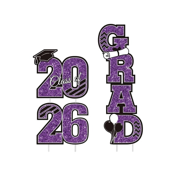 Class of 2026 Graduation Yard Sign Set Purple Glitter Decor 4 Piece Grad Lawn Stakes with 8 Matching Support Sticks for 2026 Graduate Party Outdoor Lawn Front Yard Porch