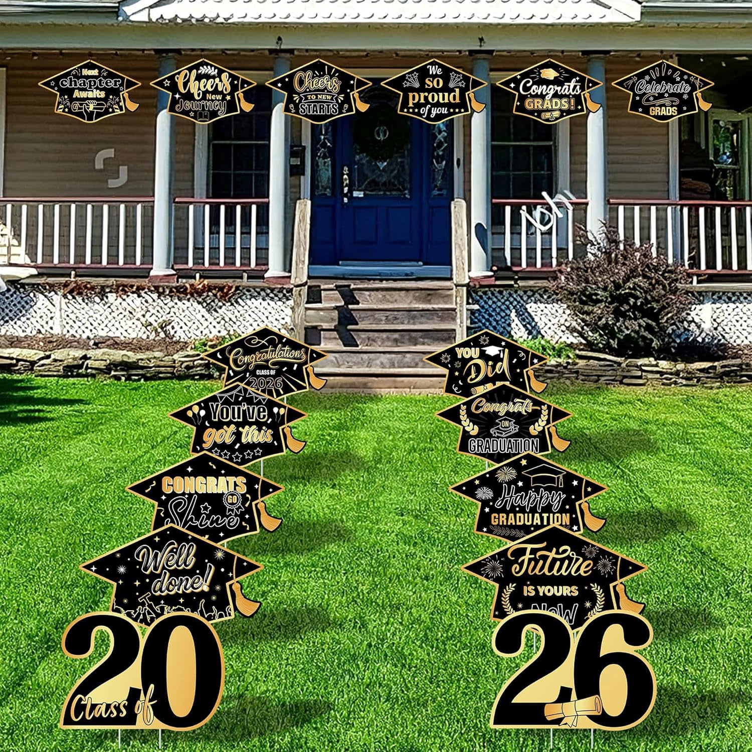 Class of 2026 Graduation Yard Signs - 12 Pack Black & Gold Waterproof ...