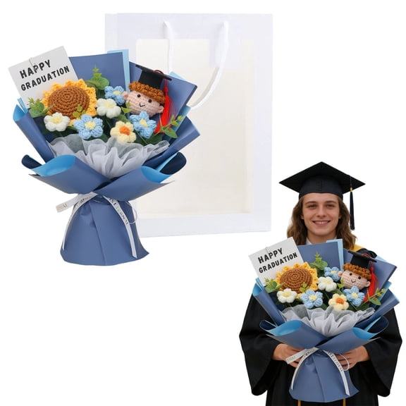 Class Of 2026 Knitted Handmade Crochet Graduation Sunflower Bouquet,Pink Knitted Flower Bouquet Perfect Graduation Gift for Her/Him, Ideal Photo Prop & Grad Party Decor(Blue Boy)