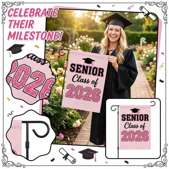 Class Of 2026 Senior Pink Garden Flag, Polyester 3 layer Double Sided College Graduation Outside Yard Decorations, Graduation Announcements 2026 High School, Graduation Party Yard Flag