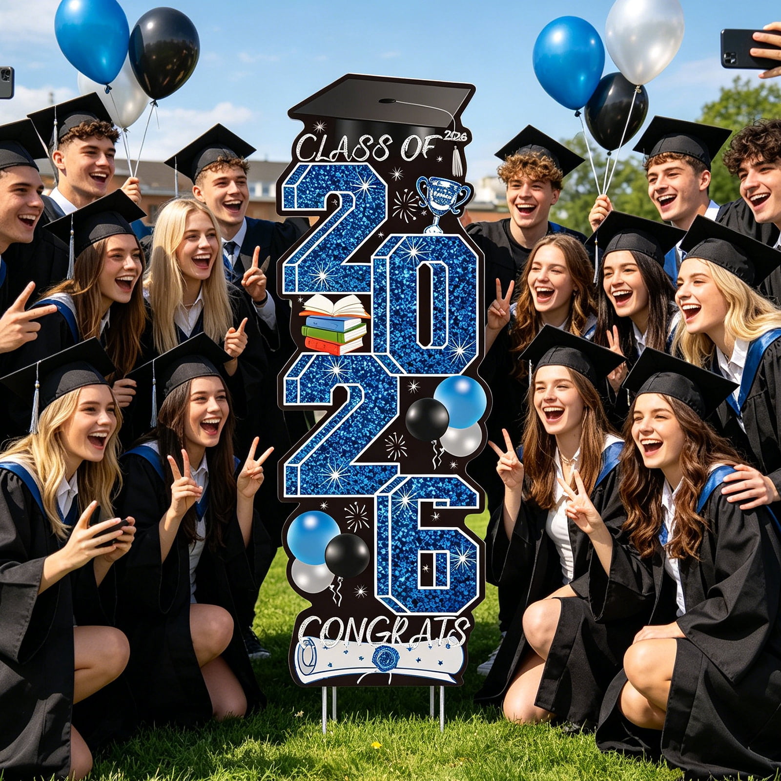 Class of 2026 Sign for Outdoor Lawn, 2026 Graduation Decorations Yard Signs, Large BlueGlitter Graduation Cap Decorations, Congrats Grad Graduation Yard Signs Class of 2026 Party Decor
