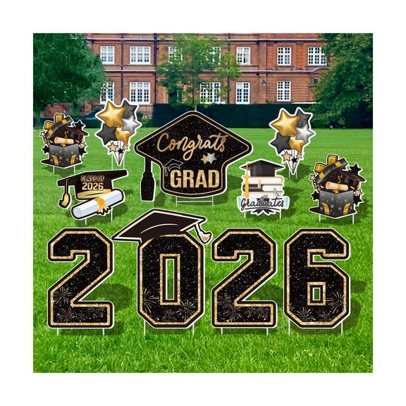Class of 2026 Yard Signs, 11 Piece Large Graduation Lawn Signs Set with Stakes, Congs Grad Outdoor Decoions for College High University Party, Front Yard Garden Decor, Black
