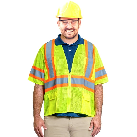 Class 3 Compliant Reflective High Visibility 6-Pocket Safety and Security Vest, Size Large