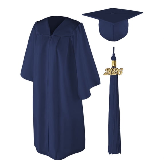 Class Act Graduation Adult Unisex Matte Graduation Cap and Gown with Tassel and Gold Charm, Navy, Cap & Gown