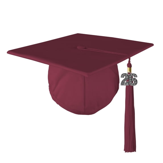 Class Act Graduation Adult Unisex Matte Graduation Cap with Matching Bling Charm Tassel, Maroon