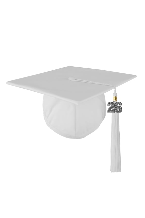 Adult Unisex Matte Graduation Cap with Matching Bling Charm Tassel, White