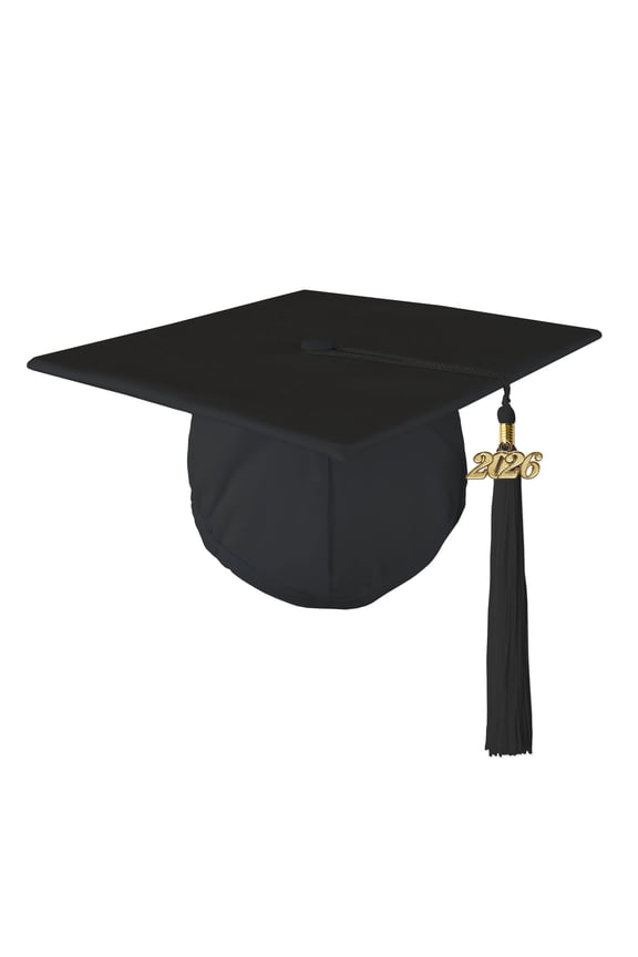 Adult Unisex Matte Mortarboard Graduation Cap with Matching Gold Charm Tassel, Black