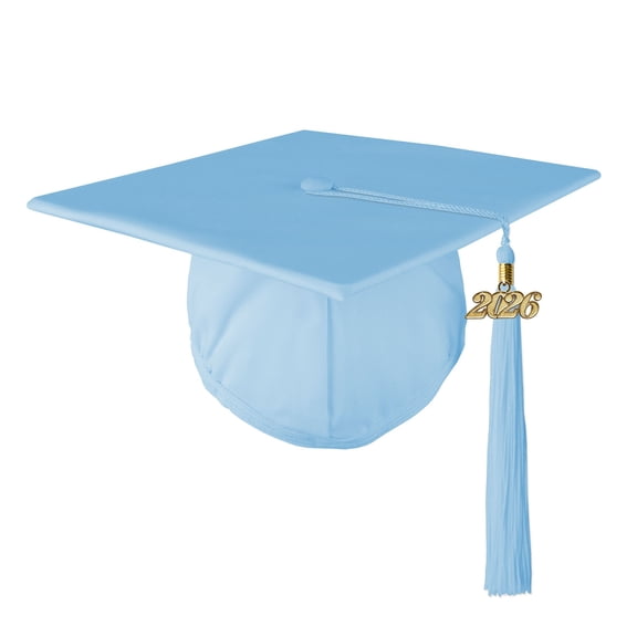 Class Act Graduation Adult Unisex Matte Mortarboard Graduation Cap with Matching Gold Charm Tassel, Light Blue