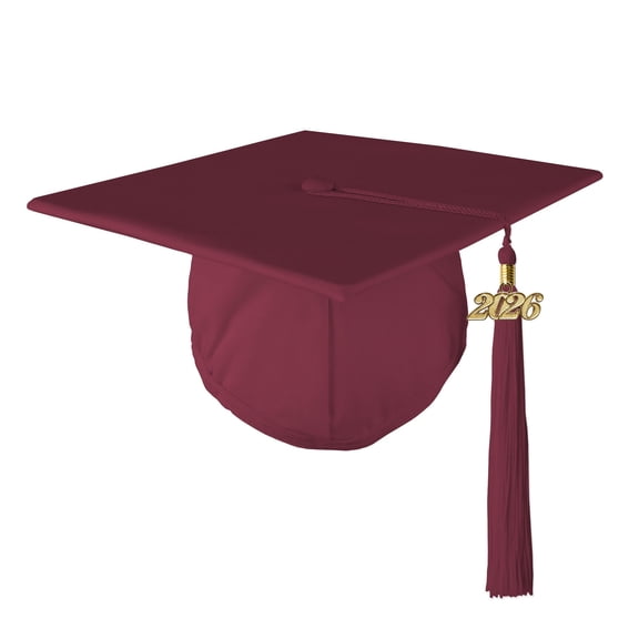Class Act Graduation Adult Unisex Matte Mortarboard Graduation Cap with Matching Gold Charm Tassel, Maroon