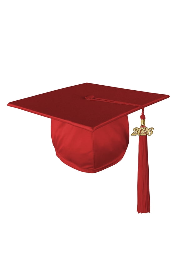 Adult Unisex Shiny Graduation Cap with Matching Gold Charm Tassel, Red