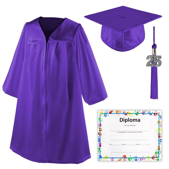 Class Act Graduation Shiny Kindergarten Preschool Graduation Cap & Gown with Matching Bling Tassel and Diploma Certificate, Purple