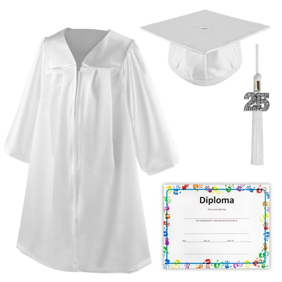 Class Act Graduation Shiny Kindergarten Preschool Graduation Cap & Gown with Matching Bling Tassel and Diploma Certificate, White