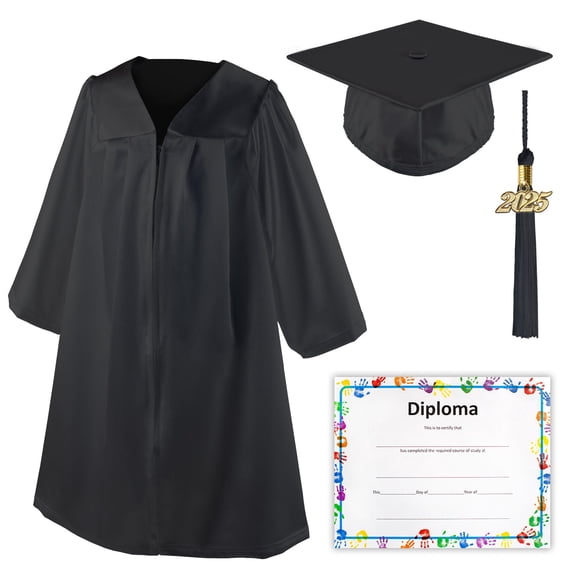 Class Act Graduation Shiny Kindergarten Preschool Graduation Cap & Gown with Matching Tassel and Diploma Certificate, Black