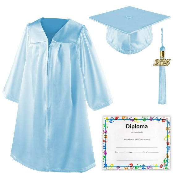 Class Act Graduation Shiny Kindergarten Preschool Graduation Cap & Gown with Matching Tassel and Diploma Certificate, Light Blue