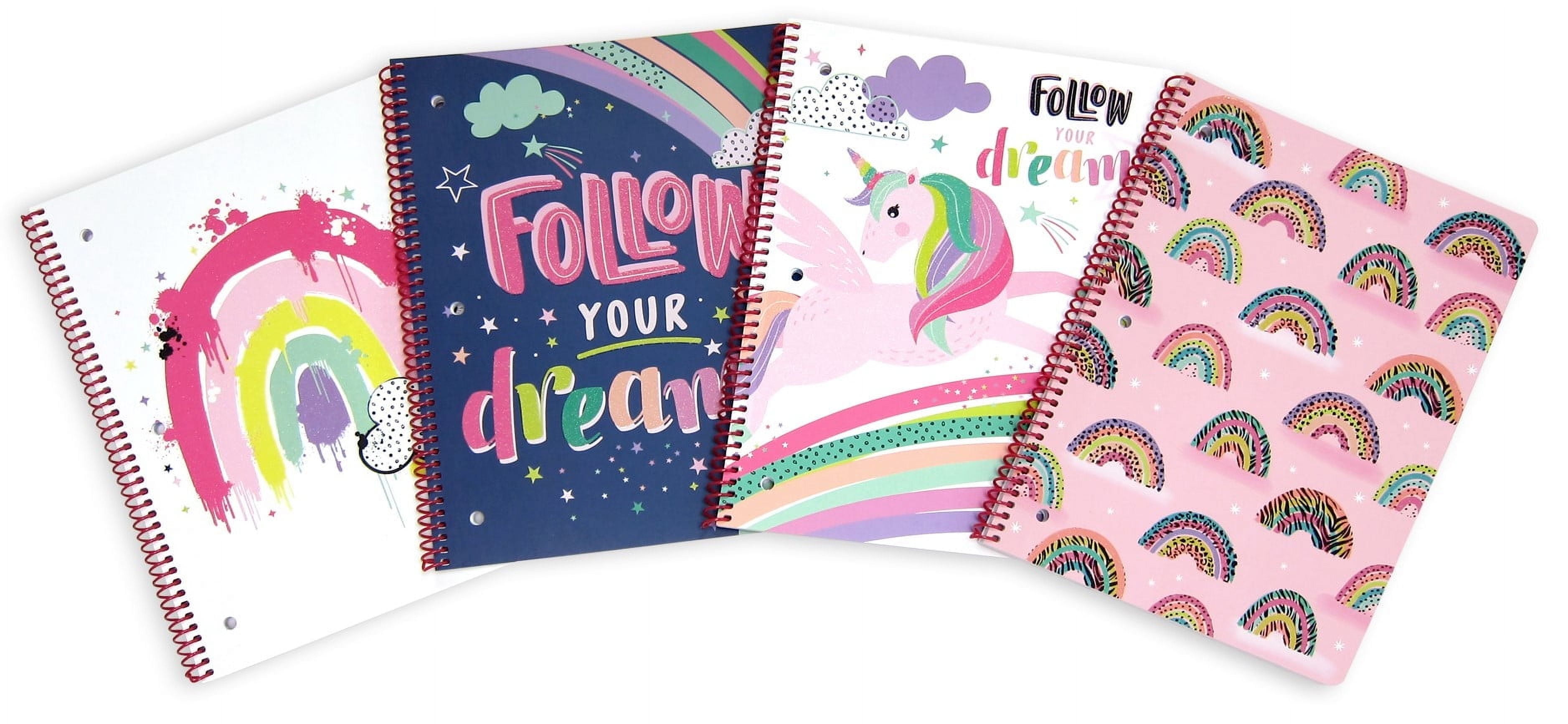 Class Act Stationery 4-pack 1-Subject Spiral Notebooks, 320 Wide-Ruled Sheets, Rainbow and Unicorn