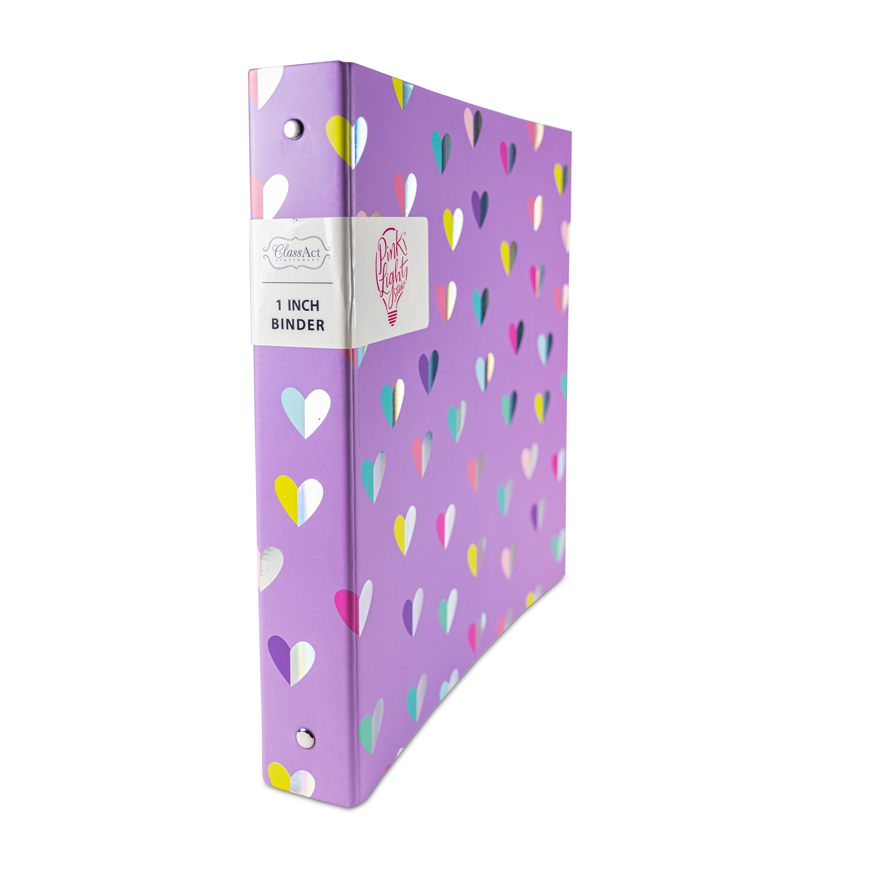 Class Act Stationery 1 inch Hardcover Binder 3 Round Metallic Rings Purple Hearts
