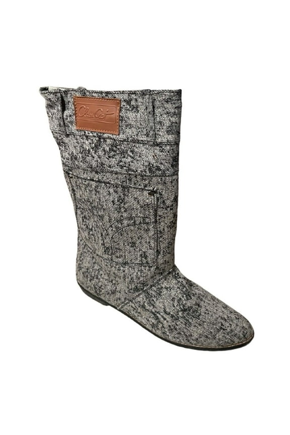 Women Big Girls' Autumn Denim Fabric Narrow Mid-Calf Casual Boots BLACK 6