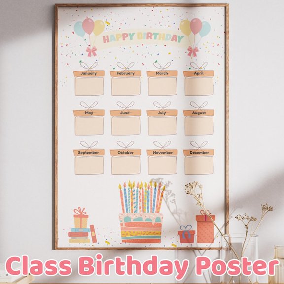 Class Birthday Chart Poster Pastel Design (A3 PDF & ), Unframed Paper Poster 8x10in