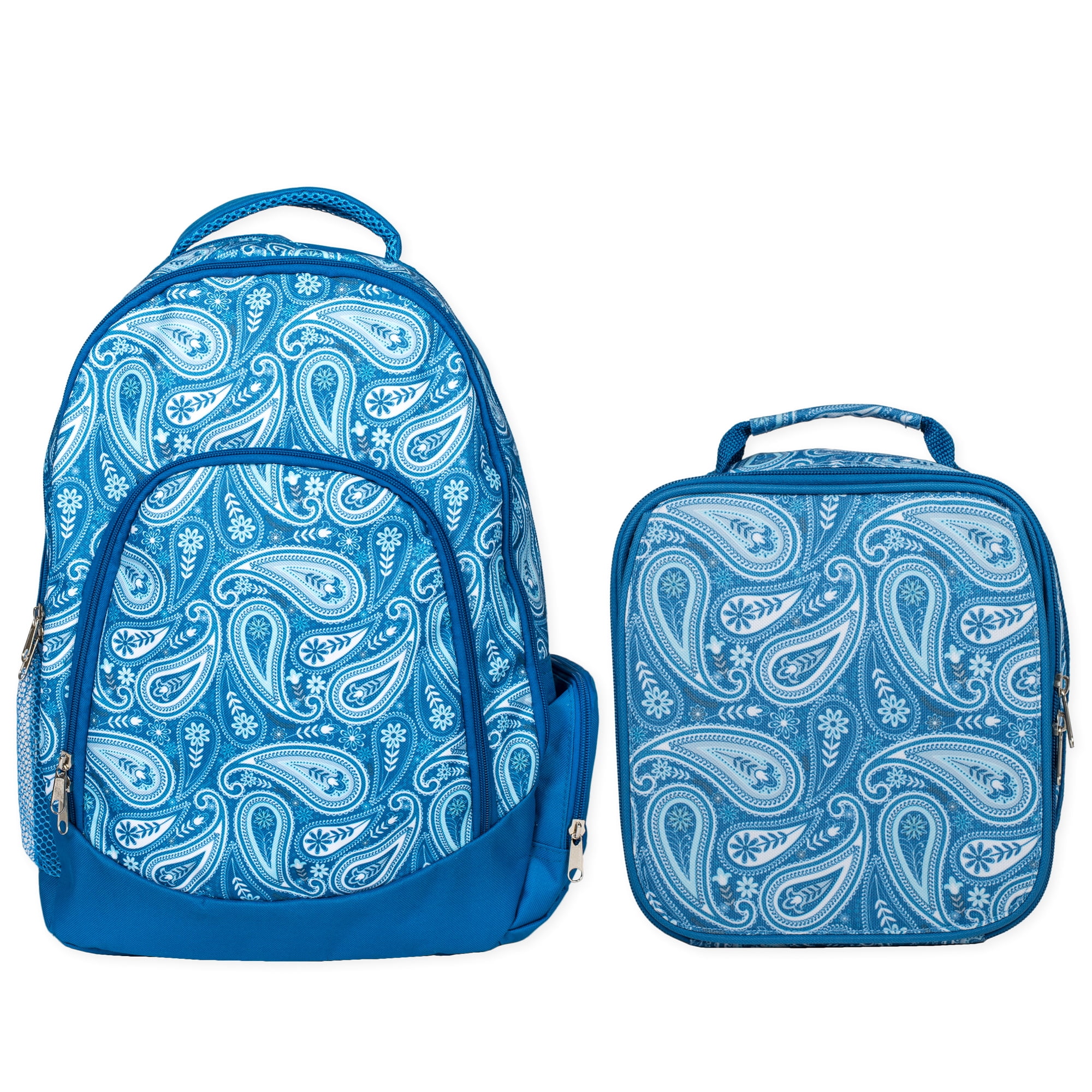 Class Collections Reinforced and Water Resistant Padded Laptop School Backpack and Insulated Soft Cooler Lunch Bag Set, Blue Paisley