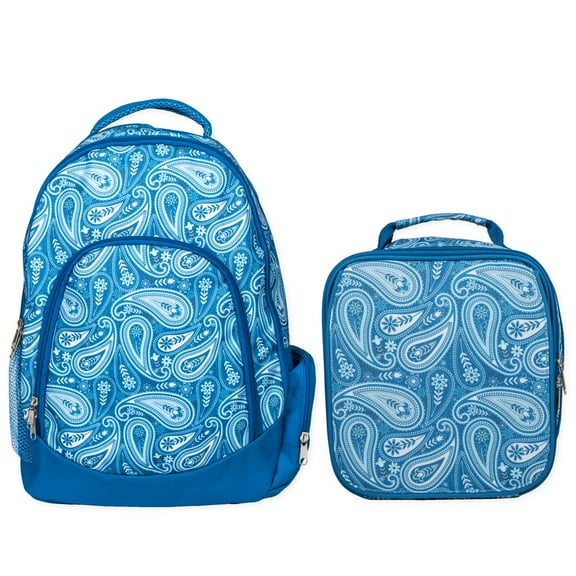 Class Collections Reinforced and Water Resistant Padded Laptop School Backpack and Insulated Soft Cooler Lunch Bag Set, Blue Paisley