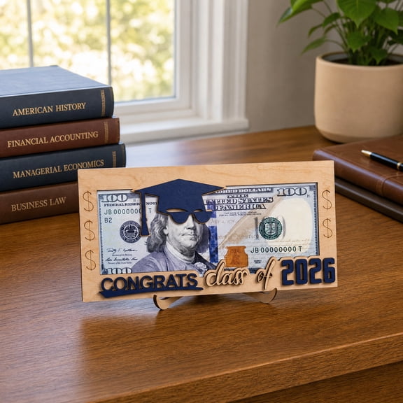 Class of Graduation Money Holder, Wooden Graduation Card Cash Envelope Box Desktop Ornament with Bracket for High School College Grad Memory Gifts Party