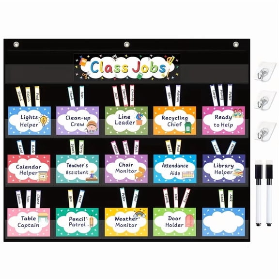 Class Jobs Pocket Chart with 70 Colorful Cards - Classroom Management Tool for Teachers, 24.5''x21.8'', Includes 3 Hooks & 2 Dry Erase Markers (Black)