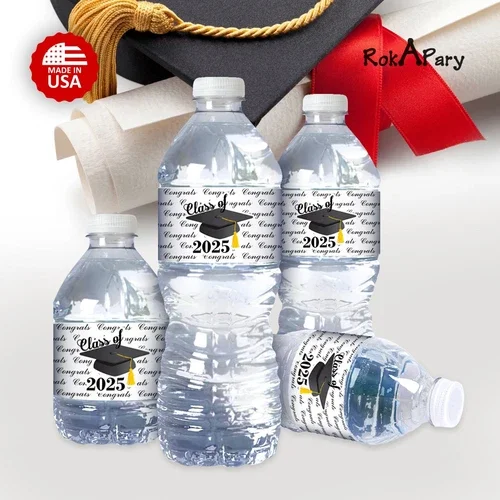 Class Of 2025 Black Graduation Water Bottle Label Set Of 25 Waterproof Glossy