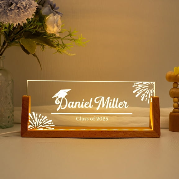 Class Of 2025 Graduation Custom Desk Light Acrylic Name Plate Wooden Base College Achievement Gift Office Decor Lamp