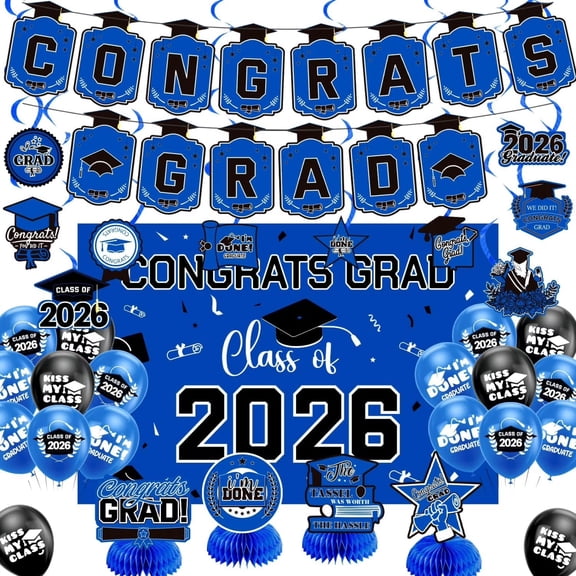 Class Of 2026 Congrats Grad Graduation Party Decorations Kit, 34Pcs Banner Balloons & Table Toppers for Graduation Party Decor Supplies,Blue