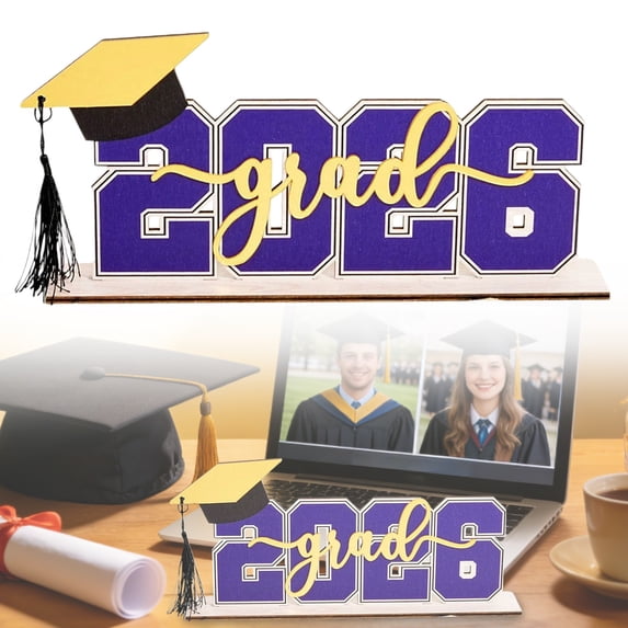 Class Of 2026 Wooden Graduation Sign Table Centerpiece With Black Tassel Purple Grad Themed Desk Decor Photo Props For Graduation Party,1PC,Blue