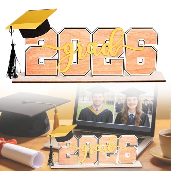 Class Of 2026 Wooden Graduation Sign Table Centerpiece With Black Tassel Purple Grad Themed Desk Decor Photo Props For Graduation Party,1PC,Khaki