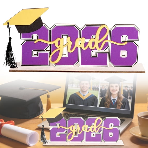 Class Of 2026 Wooden Graduation Sign Table Centerpiece With Black Tassel Purple Grad Themed Desk Decor Photo Props For Graduation Party,1PC,Purple