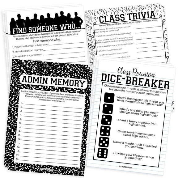 Class Reunion Game Pack 4 Games 20 Guests 40 Cards Answer Keys Included