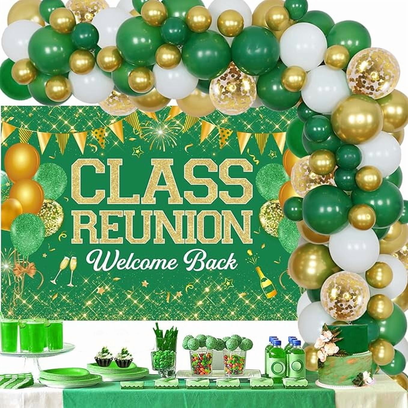 Class Reunion Party Decorations Green and Gold - Balloon Garland Arch Kit with Welcome Back Class Reunion Backdrop, High School Reunion Party Photography Background Supplies