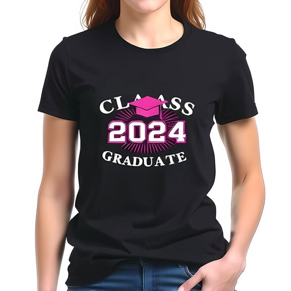 Class of 2024 Graduate Cotton Short Sleeve T-Shirt with Bold White Lettering & Pink Graduation Design