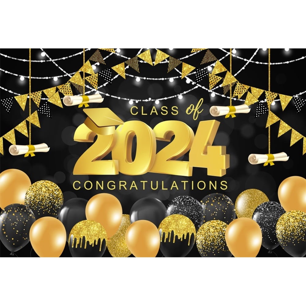 Class of 2024 Graduation Backdrop Black and Gold Glitter Balloons ...