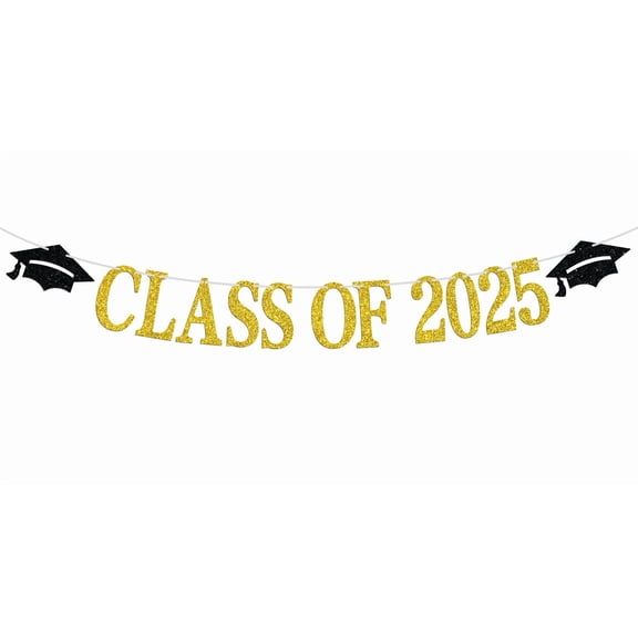 Class of 2025 Banner, Congrats Grad Bunting Sign for 2024 High School College Graduation Party Decorations Supplies, Black and Gold Glitter