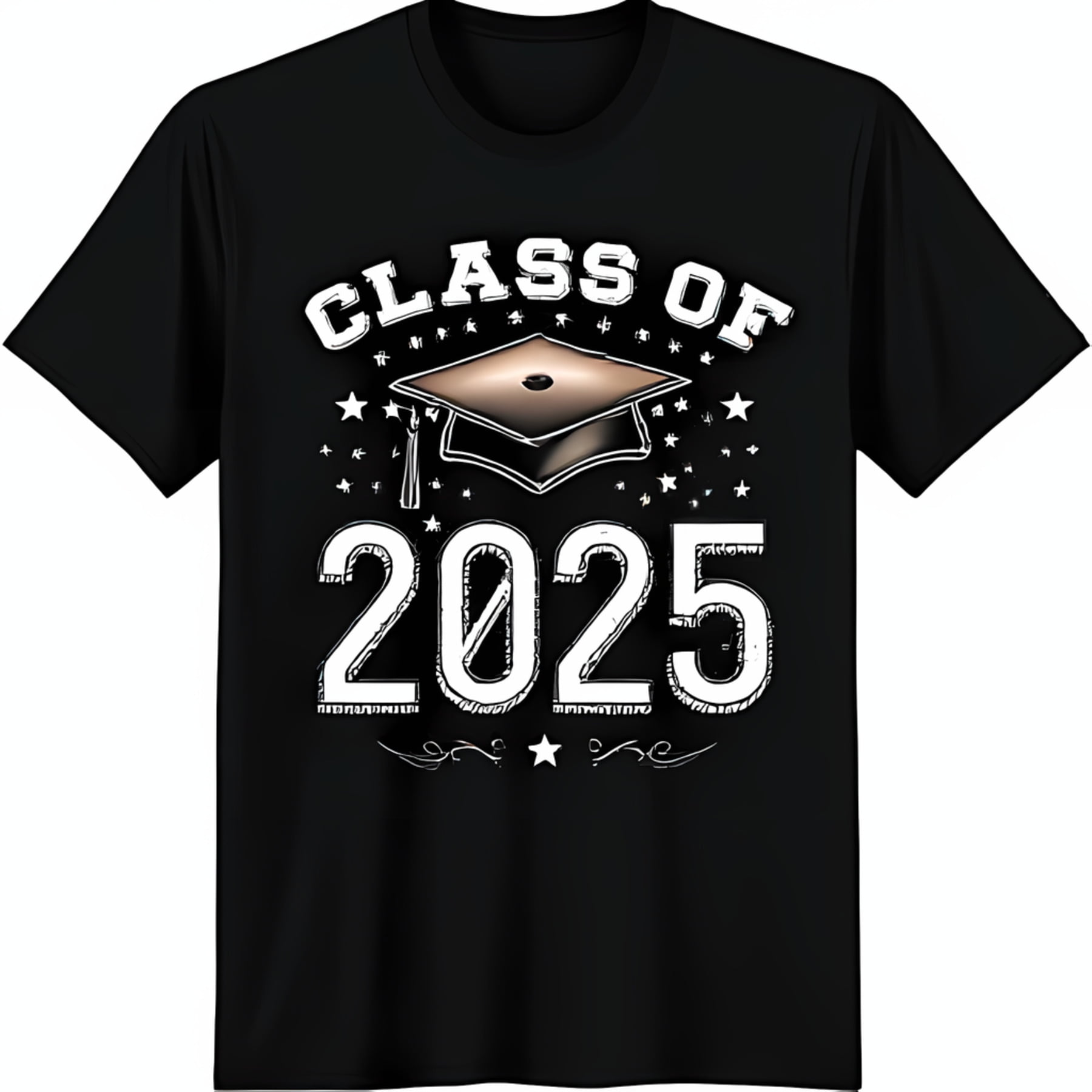 Class of 2025 Black T-Shirt with Gold Graduation Graphic & Stars ...