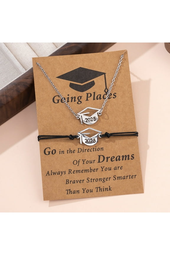 Class of 2025 Bracelet and Necklace with Card, Graduation Gift for Her Him Graduate(Silver) Graduation Necklace Bracelet