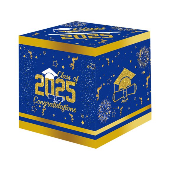 Class of 2025 Graduation Party Decoration Box Blue and Gold Sparkle Design with Cap and Diploma Motif