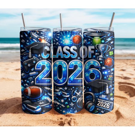 Class of 2026 20oz Skinny Tumbler, Graduation Console Space Football Coffee Cup, Senior College Graduate Gift