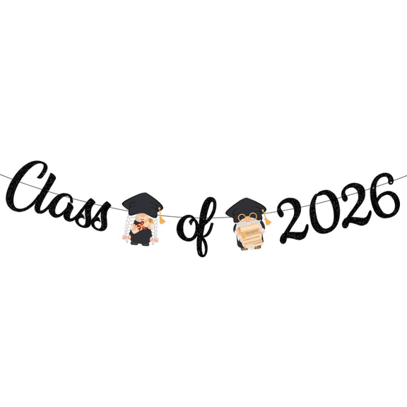 Class of 2026 Graduation Banner, Black Glitter, Gnome Theme, Party Decoration