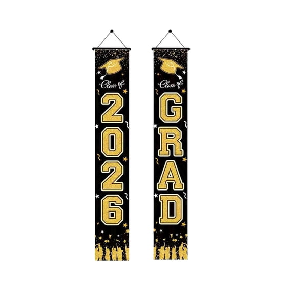 Class of 2026 Graduation Door Banner, Black & Gold Porch Sign with Glitter Letters, Weatherproof Polyester for Party Decorations