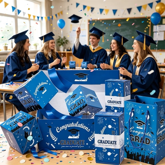 Class of 2026 Graduation Surprise Box Pop Up Gift Box with Bouncing Mechanism Blue Theme Celebration Party Prop for Viral Videos