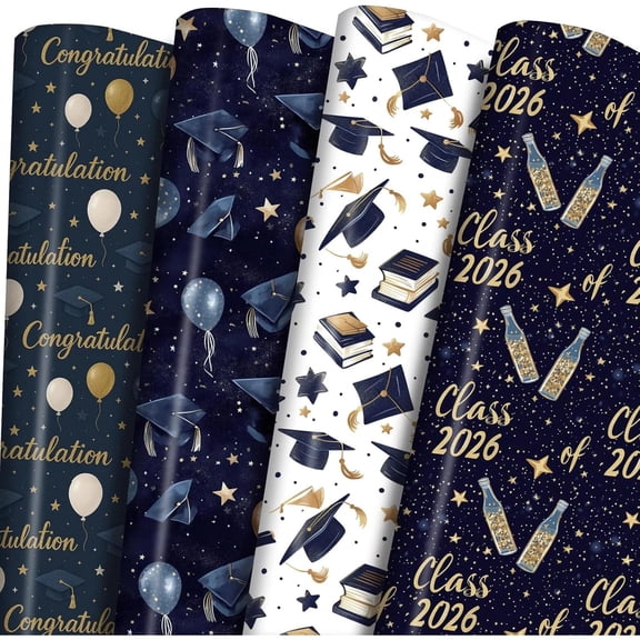 Class of 2026 Navy & Gold Graduation Wrapping Paper, 8 Sheets, Grad Cap Designs