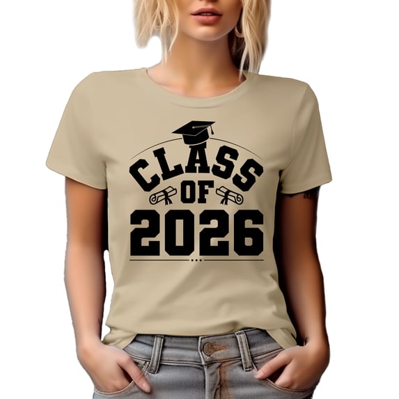 Class of 2026, School Graduation with Graduate Cap, Tan T-Shirt, Small