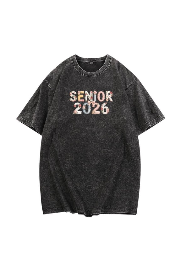 Class of 2026 Vintage Tees "SENIOR" Floral Font Graduation Print T Shirts Soft Washed Cotton Pattern Tops Y2K Grad,S-2XL