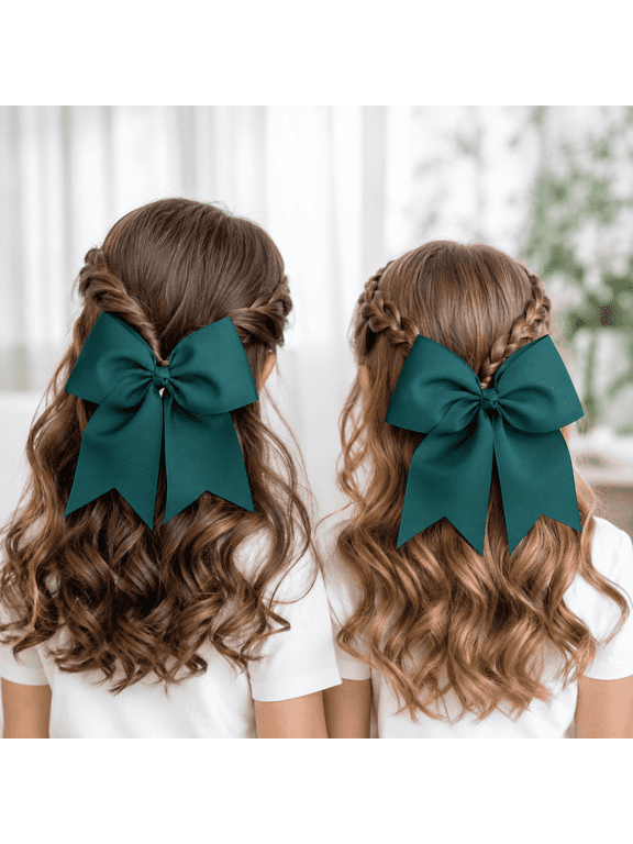 2-Pack Cheer Bow with Alligator Clip, 7 x 7.5 in Grosgrain Ribbon Hair Bow for Girls, Hunter Green