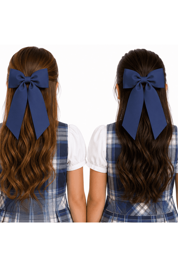 Back to School Signature Long Tail Grosgrain Hair Bows 2 Pack with Alligator Clips, Navy