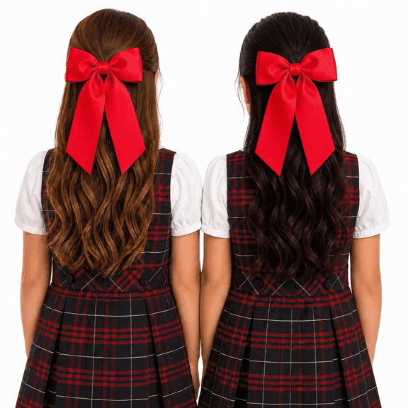 ClassExceed Back to School Signature Long Tail Grosgrain Hair Bows 2 Pack with Alligator Clips, Red